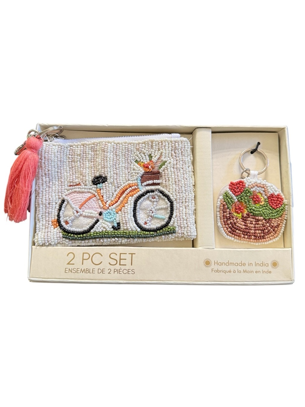 SOL AND MER New 2pc Set Beaded Coin Purse Wristlet Keychain Bike Basket Flowers